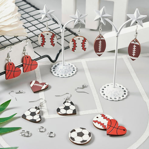 Cheriswelry 8 Pairs Sports Theme Earring Set with Baseball Football Basketball Rugby Wood Earring Pendants Earring Hooks Jump Rings for Sports Lov...