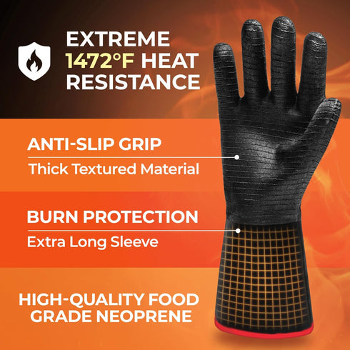 TECEUM BBQ Grill Gloves – Extreme Heat Resistant 1472 F – Extra Long Sleeve Protection – Non Slip Grip Oven Gloves for Barbecue, Grilling, Cooking...