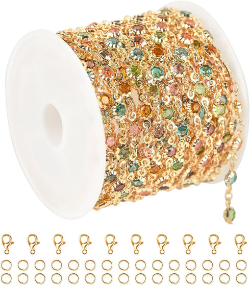 YOUBEIYEE 3 Meters Colorful Rhinestone Jewelry Chain Gold Plated Brass Chain for Jewelry Making Mixed Color Glass Bead Flower Craft Chain Roll...