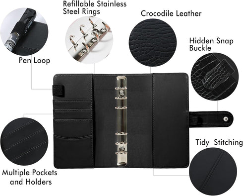 A6 Crocodile Budget Binder 2 pcs - PU Leather Notebook Binder with Hidden Snap Buckle, Small 6 Ring Refillable Journal Binder, Black & Beige...
