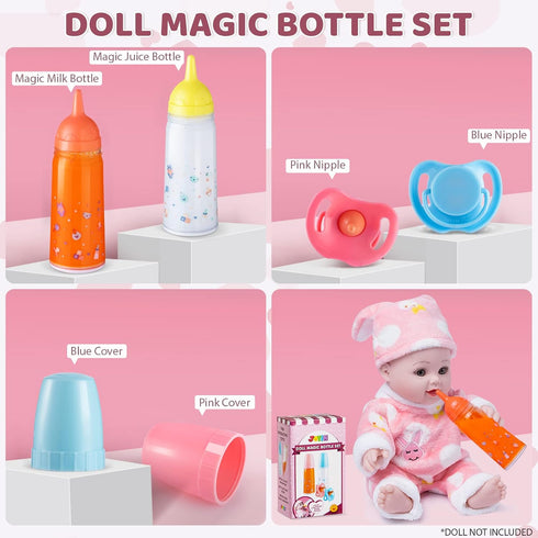 JOYIN Doll Magic Bottle Set, 2 Disappearing Magic Milk & Juice Bottles with Caps and 2 Toy Pacifiers Baby Doll Accessories Feeding Set Stuff for G...