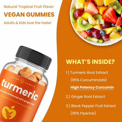 Turmeric Gummies for Adults & Kids with Ginger & Black Pepper Extract | 95% Curcuminoids | Vegan Natural Curcumin Joint Support | 120 Tumeric Gumm...