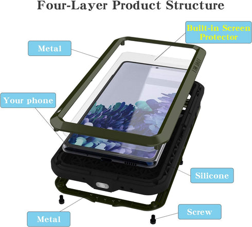 LOVE MEI Rugged Military Case for Galaxy S20 FE 5G - Heavy Duty, Shockproof, Dustproof, Scratch Proof, Metal & Silicone with Tempered Glass Protec...