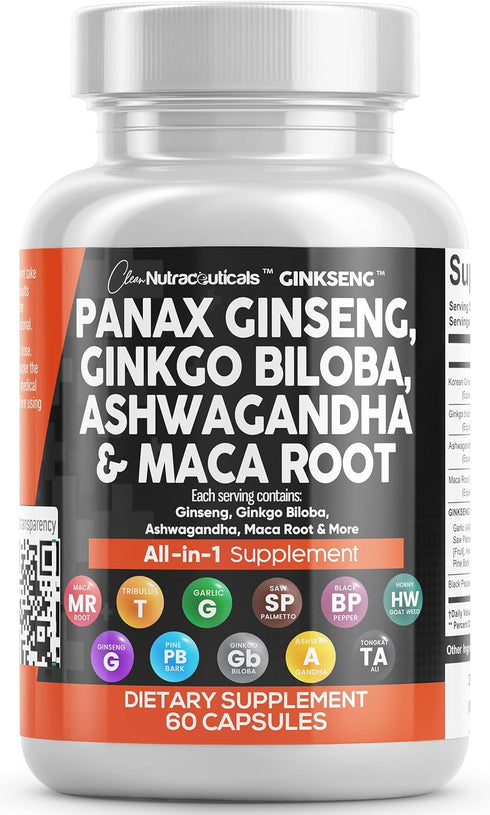 Clean Nutraceuticals Panax Ginseng 10000mg Ginkgo Biloba 4000mg Ashwagandha Maca Root 3000mg - Focus Supplement Pills for Women and Men with Pine ...