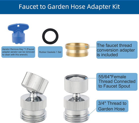Hibbent Garden Hose Adapter Kit, Sink Swivel Faucet Aerator Adapter to Connect Garden Hose, Multi-Thread Garden Hose with Cache Faucet Aerator Key...