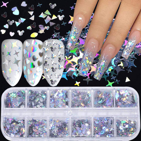 Nail Art Glitter Sequins Nail Art Supplies 12 Grids Holographic Laser Silver Nail Decals 3D Butterfly Letter Heart Nail Art Stickers for Acrylic N...