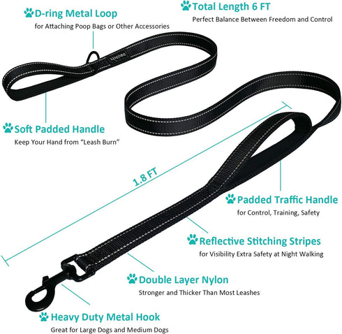 Dog Leash 6 Foot Long Traffic Padded Two Handle Heavy Duty Double Handles Lead for Large Dogs or Medium Dogs Training Reflective Leashes Dual Hand...