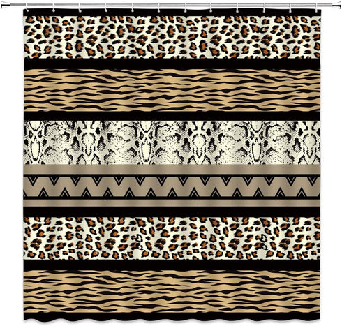 Brown Leopard Print Shower Curtain Cheetah African Animal Leopard Skin Print Geometric Stripes Patchwork Creative Art Bathroom Decor Fabric Curtai...