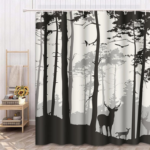 Decorative Shower Curtain Silhouette of Pine Forest Family Deer and Birds Brown 72"x78" Waterproof Tree Bathroom Shower Curtain Set with Hooks...