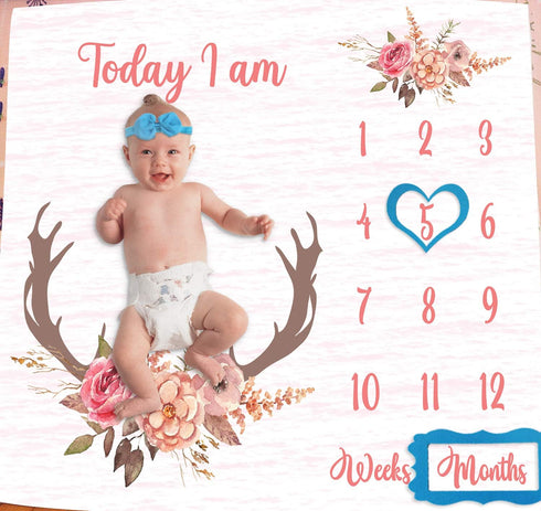 Monthly Milestone Blanket for Baby Girl, Deer Antler Flowers with Words Pink Baby Growth Chart Monthly Blanket | includes Markers 47"x47" BTLSPH68...