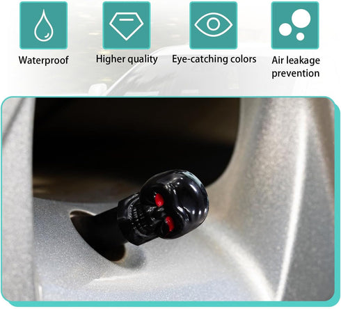 5 PCS Skull Style Tire Valve Stem Caps with Rubber Ring, Red Eyes Car Air Caps Cover, Antirust Copper Liner Tire Caps, Universal Stem Covers for C...