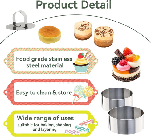 Uncle Jack 4 Pieces Round Cake Ring Molds, Stainless Steel Cake Ring Mold with Pusher, for Kitchen Tools, Baking Pastry, Mousse (Include 4 Rings a...