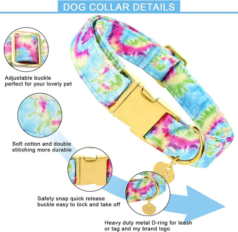 Tie Dye Summer Cotton Dog Collar with Metal Buckle Gift Collar for Small Medium Large Girls or Boys Dogs Cute Durable Comfortable Pet Collars...