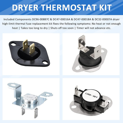AMI PARTS DC96-00887C DC96 00887A Thermostat&DC47-00018A&DC32-00007A&DC47-00016A Thermostat Dryer Kit Dryer Thermistor Thermal Fuse Compatible with Samsung lG Kenmore Dryers