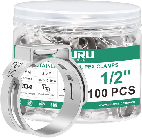 100PCS 1/2 Pex Crimp Ring,304 Stainless Steel Pex Cinch Clamps,Single Ear Hose Clamps for Pex Fittings Pipe Tubing...