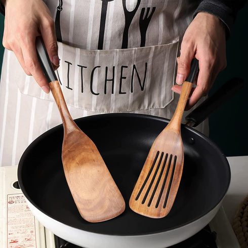 2 Pcs Best Wooden Spatula Set for Cooking Kitchen Slotted Turner Spatula Flat Wood Wok Spatula Non Stick Cooking Utensils for Frying Mixing Teak F...