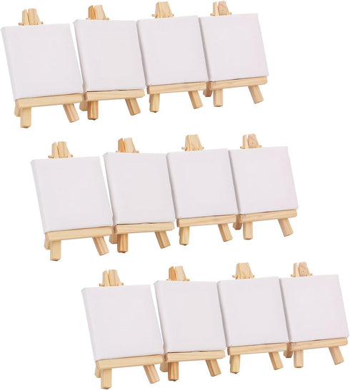 Tosnail 12 Packs Mini Canvas and Easel Set, Art Easel Stand with Canvas Set Tabletop Wooden Display Stand and Canvas Panels for Artist, Students, ...