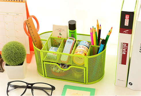 VANRA Metal Mesh Desk Supply Caddy Desktop Office Supplies Organizer Supply Holder 8 Compartments with Drawer (Green)...