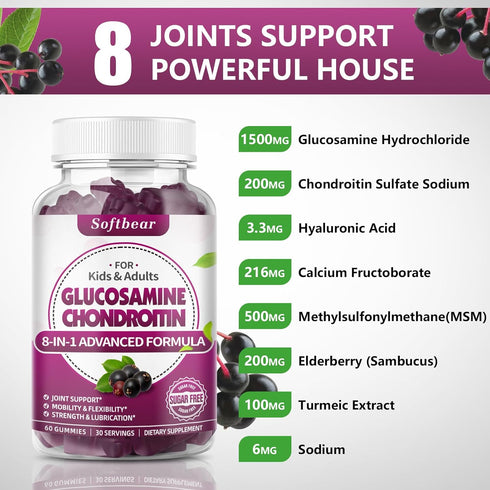 Glucosamine Chondroitin Gummies Sugar Free, Extra Strength Glucosamine Chondroitin MSM with Elderberry & Turmeric Supplement Support Joint & Antio...
