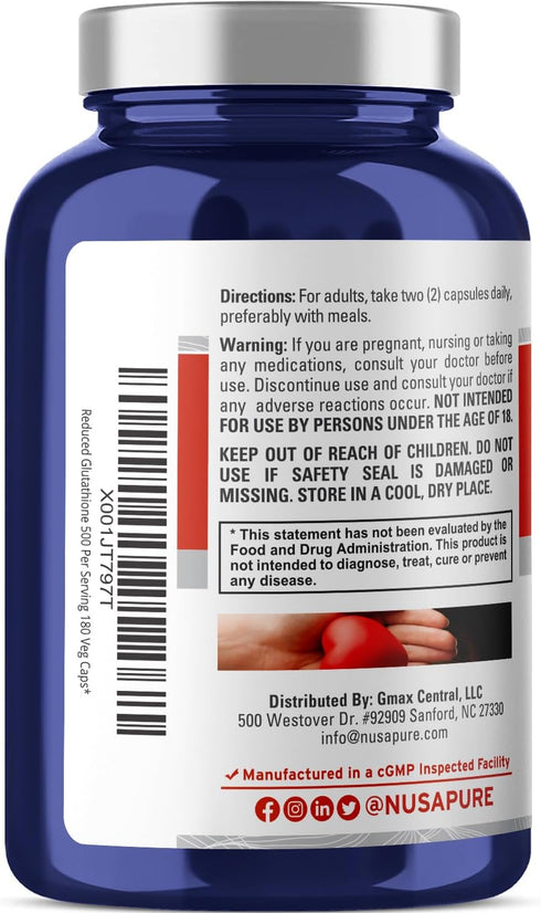 NusaPure Reduced Glutathione 500mg 180 Veggie Capsules (Vegan,Non-GMO) L-Glutathione...