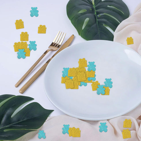 Amibishi 120pcs Bear and Gift Confetti for Baby Shower, Kids Boys Birthday Party Supplies Scatters, Gender Reveal Party DIY Craft Confetti (Blue G...