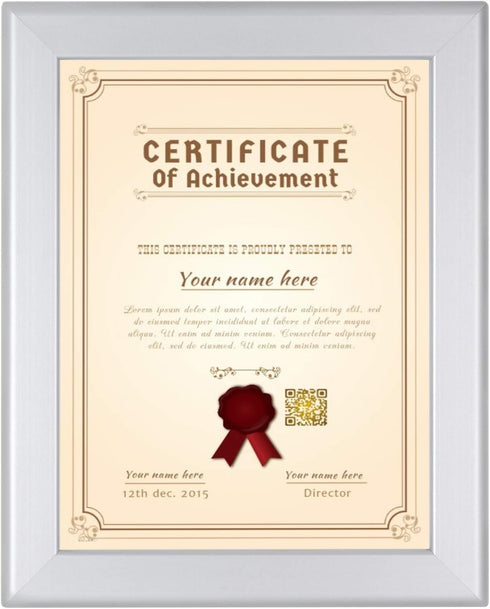 SnapeZo Certificate Frame 8.5x11, Silver, 1.25 Inch Aluminum Profile, Front-Loading Snap Frame, Wall Mounting, Professional Series...