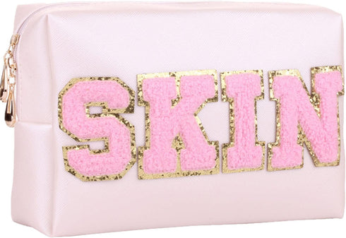 Preppy Patch Cosmetic Toiletry Bag for Women Girls SKIN Letters PU Leather Portable Makeup Bag Zipper Pouch Storage Purse Waterproof Organizer for...