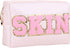 Preppy Patch Cosmetic Toiletry Bag for Women Girls SKIN Letters PU Leather Portable Makeup Bag Zipper Pouch Storage Purse Waterproof Organizer for...