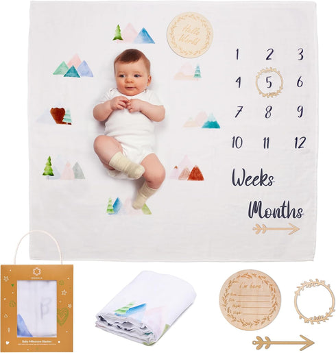 Baby Milestone Blanket | Cotton Muslin Swaddle Blanket | Monthly Photo Mat for Newborn Boy or Girl, Unisex | Frame | Personalised Baby Shower Pres...
