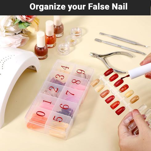 False Nail Tip Organizer Box, 4PCS 10-Slot Bead Storage Container, Clear Plastic Case for Nail Art Craft, Rhinestone Jewelry Charms Holder, Vitami...