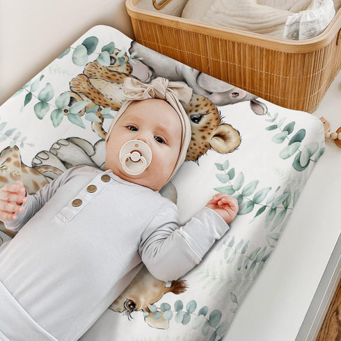 African Safari Jungle Animals Eucalyptus Leaf Changing Pad Cover Baby Girl Boy, Giraffe Elephant Leopard Lion Zebra Diaper Change Table Sheet Soft...