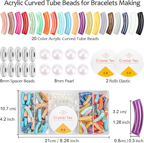 120 Pcs Curved Tube Beads for Bracelets Making, 20 Colors Acrylic Bamboo Tube Beads Noodle Beads and Elastic Strings for DIY Craft Necklace Bracel...