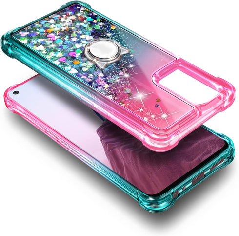 NZND Case for OnePlus Nord N300 5G with Tempered Glass Screen Protector (Maximum Coverage), Ring Holder/Wrist Strap, Glitter Liquid Floating Water...