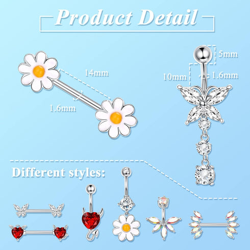 Sanfenly 12PCS Nipple Rings Belly Button Rings for Women 14G 316L Surgical Stainless Steel Curved Navel Barbell Cute Butterfly Flower Belly Pierci...
