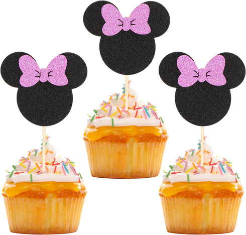 Mouse Cupcake Toppers Black and Pink Mouse Inspired Cupcake Toppers with Bow Glitter Mouse Cupcake Picks Baby Shower Wedding Kids Birthday Party C...