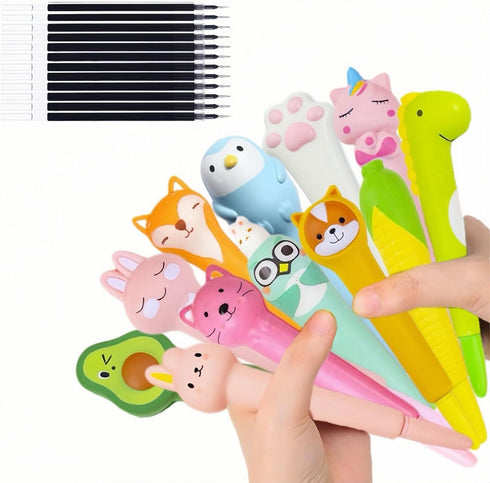 12pcs Cute Kawaii Pens For Girls Animals Fruit Shaped Stress Relief Supplies Sponge Squishy Gel Ink Pens Set with Replacement Refills For Students...