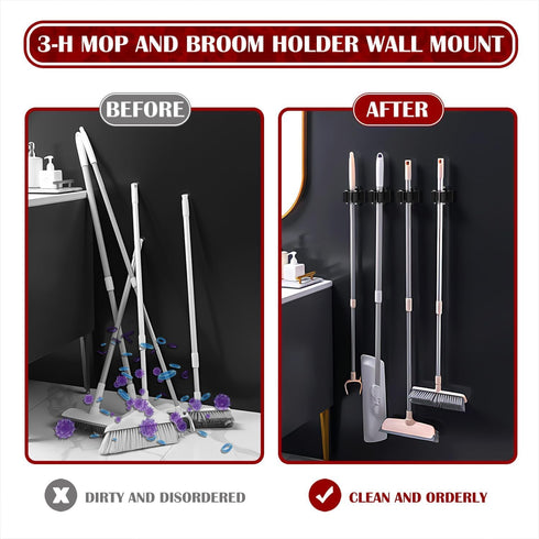 3-H Mop and Broom Holder Wall Mount, Broom Holder Wall Mount 6 Pack, Broom Holder for Garage Garden Shed Storage System Laundry Room Home Kitchen ...