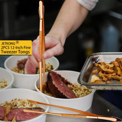 JETKONG 2 Pcs 12-Inch Kitchen Tweezers Cooking Tweezer Tongs Stainless Steel Long Food Tweezers (Rose Gold)...