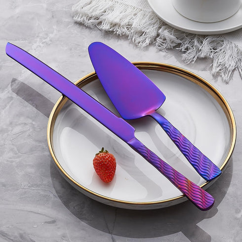Purple Wedding Cake Knife and Server Set, Stainless Steel Cake Cutting Set, Cake Cutter and Pie Server for Wedding, Birthday, Party...