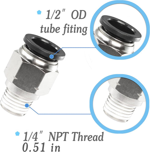 PNEUMATIC Elbow and Straight Combination 1/2 Inch Tube OD x 1/4 NPT Thread Push to Connect Fittings PC-1/2-1/4+PL-1/2-1/4(Pack of 12) (12, 1/2-1/4...