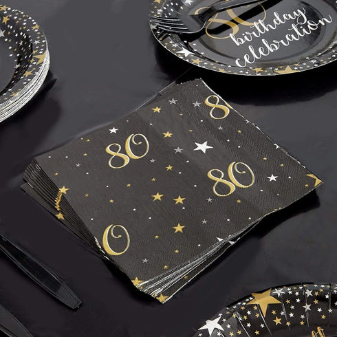 Sparkle and Bash Bulk Happy 80th Birthday Napkins for Party Decorations, 2-Ply, Black and Gold (6.5 x 6.5 In), Pack of 100-80th Birthday Decoratio...