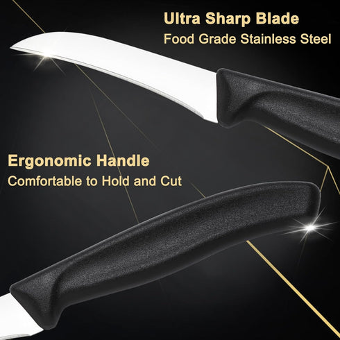 BEWOS Paring Knife, Curved Blade Paring Knife Set of 4, Ergonomic Handle, Ultra Sharp Kitchen Knife, Classic Black PP Plastic Handle, Fruit Knife ...