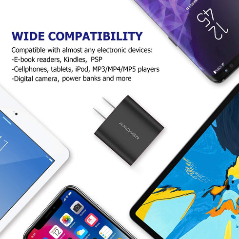 Amoner Wall Charger, Upgraded 2Pack 15W 3-Port USB Plug Cube Portable Wall Charger Plug for iPhone Xs/XS Max/XR/X/8/7/6/Plus, iPad Pro/Air 2/Mini ...