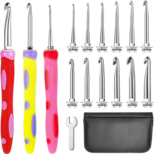 12 Sizes 2.0 mm to 8 mm Crochet Hooks Set, 3 Pcs Soft Grip Ergonomic Interchangeable Handle Crochet Hooks Beginner Knitting Kit Gift for DIY Craft...