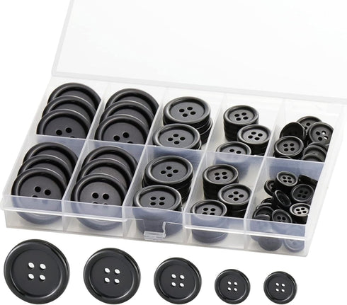 100 Pcs Black Resin Sewing Buttons, 4-Hole Craft Suit Coat Shirt Buttons, 5 Sizes, Round Mixed, with Compartment Storage Box, Suitable for Sewing,...
