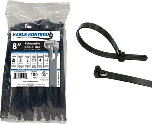Kable Kontrol Reusable Cable Zip Ties 8 Inch 100 Pcs Black, 50 Lbs Tensile Strength, Self-Locking, Multipurpose Trigger Releasable & Adjustable Ny...