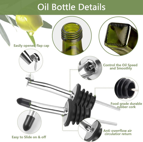 Glass Olive Oil Dispenser, Green Oil and Vinegar Cruet Bottle 17 oz/500 ml, Square Tall Glass Oil Container with 2 Stainless Steel Pourers, 2 Labe...