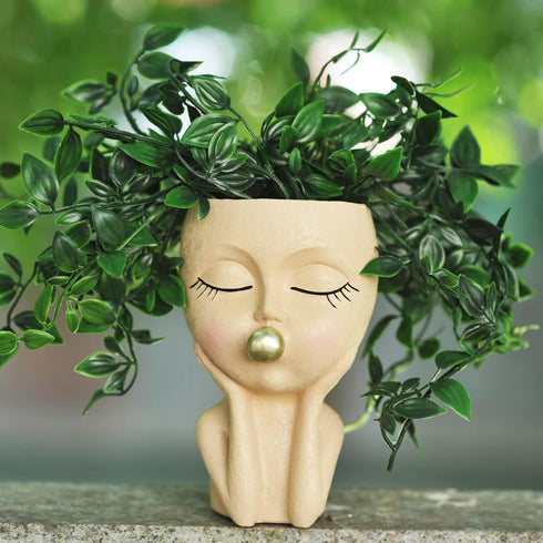 Planters for Indoor Plants Cute Lady Bubble Blowing Head Planter Resin Face Planters Flower Pot with Drainage Hole (Brown)...