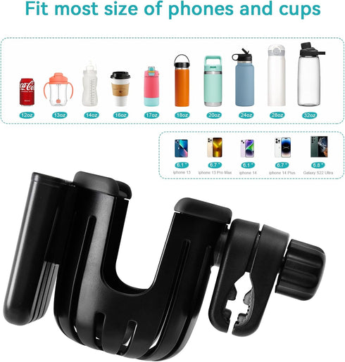 Stroller Cup Holder with Phone Holder, Bike Cup Holder, Universal 2-in-1 Cup Holder for Strollers, Wheelchair, Bike, Walker, Scooter?Gifts for Him...