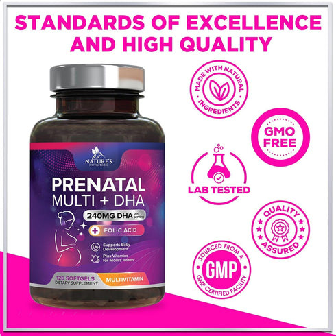 Women's Prenatal Multivitamin with Folic Acid + DHA, Prenatal Vitamin Supplement for Fetal Support w/ Folate, Omega 3, Vitamins D3, B6, B12 & Iron...